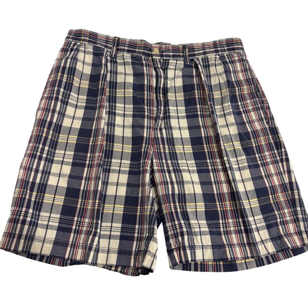 Polo Ralph Lauren Pleated Tyler Shorts Men 35 Navy Blue Red Plaid Cotton Preppy